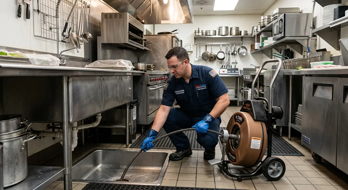 Commercial drain cleaning service in a restaurant kitchen in Westlake Village