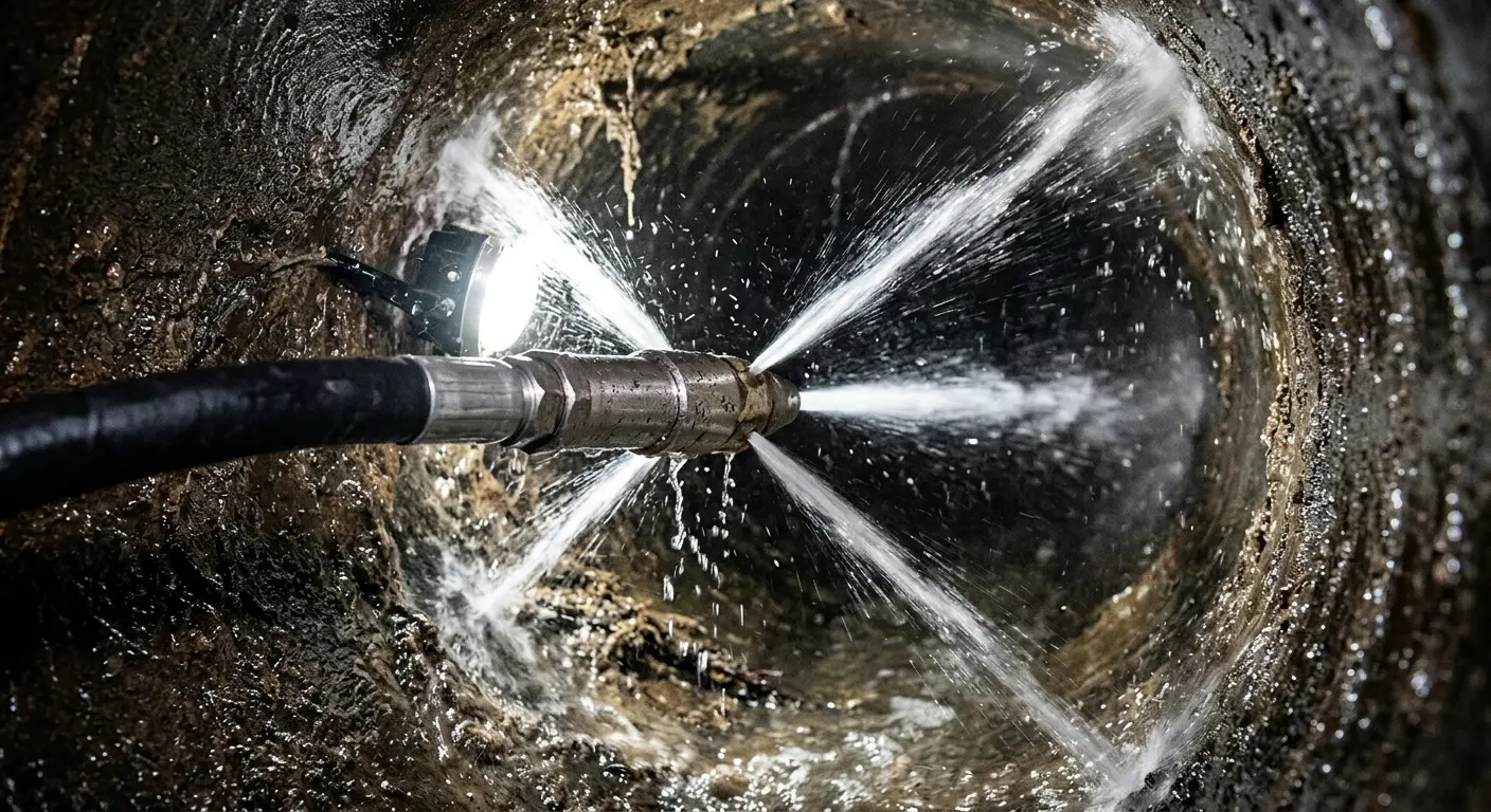 High-pressure hydro jetting nozzle cleaning sewer pipe for Trenchless Sewer Repair in Westlake Village