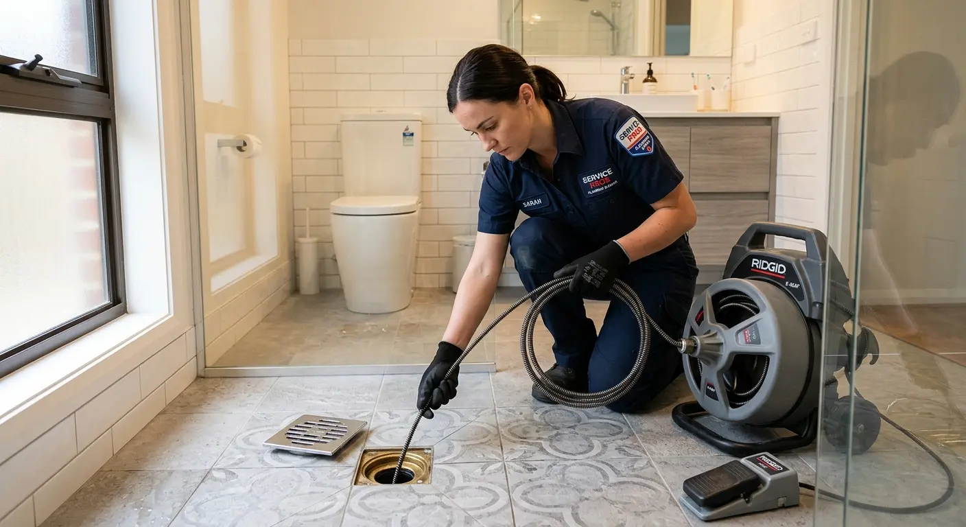 Technician clearing a bathroom floor drain for Clogged Drain Repair in Westlake Village
